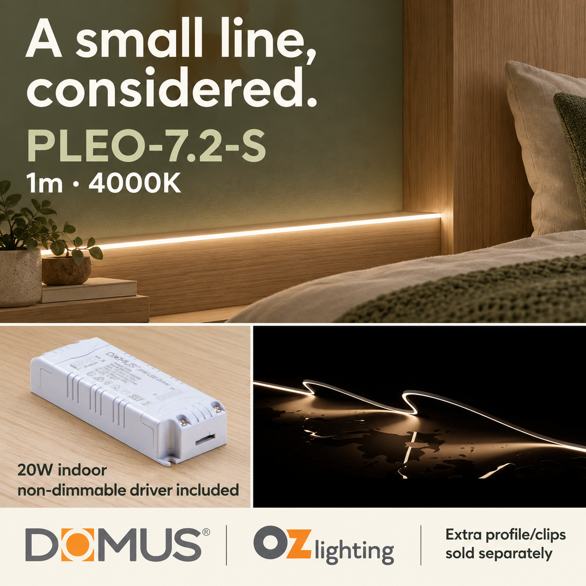 Domus PLEO-7.2-S 1m 4000K LED strip and driver bundle — hero