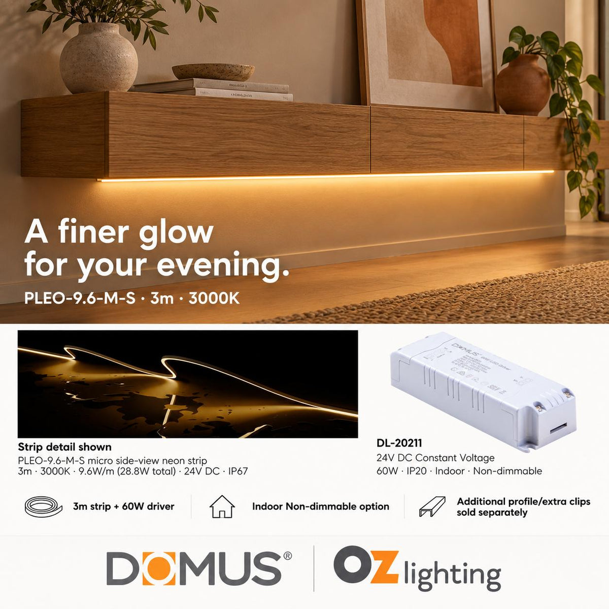 Domus PLEO-9.6-M-S 3m 3000K LED strip and driver bundle — hero
