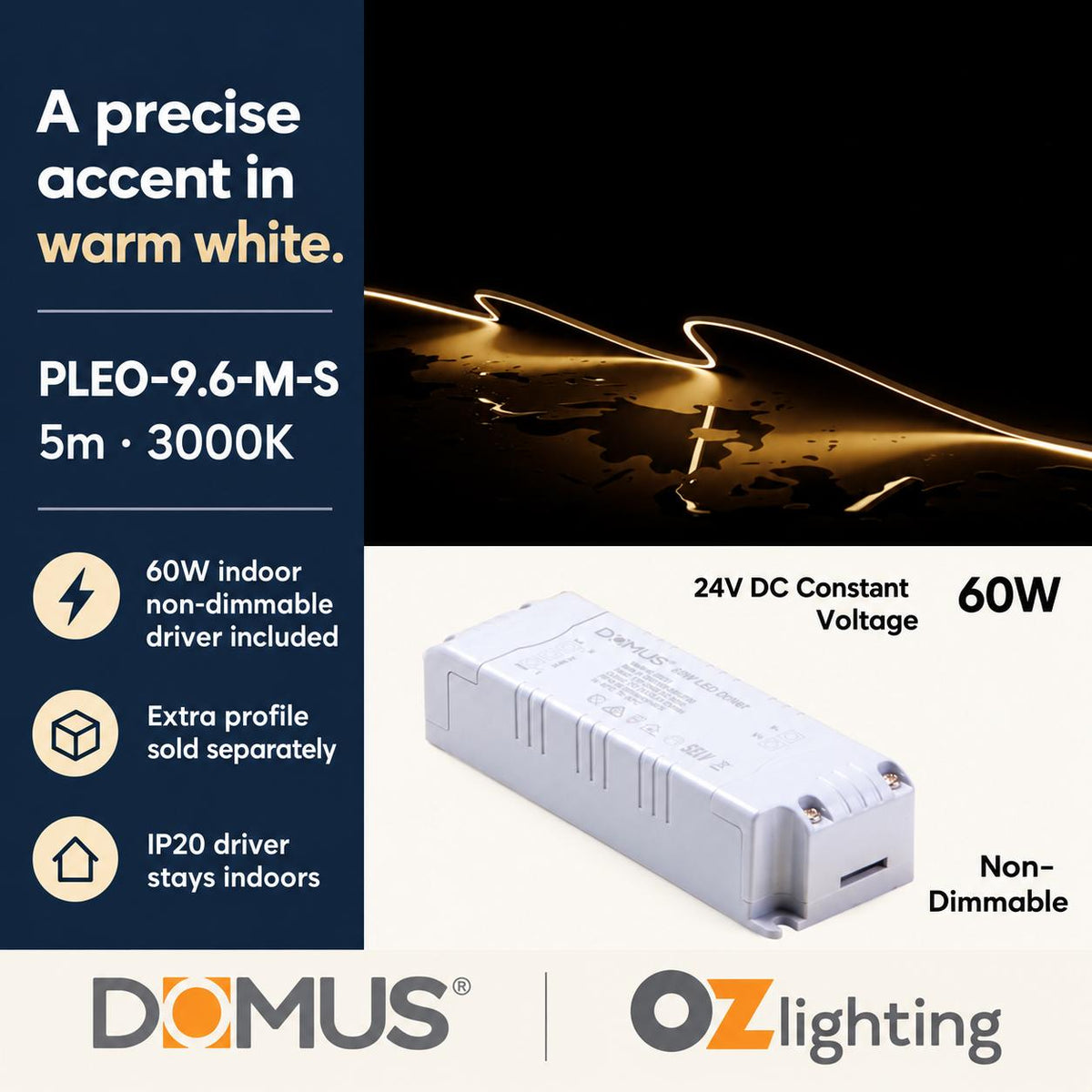 Domus PLEO-9.6-M-S 5m 3000K LED strip and driver bundle — hero