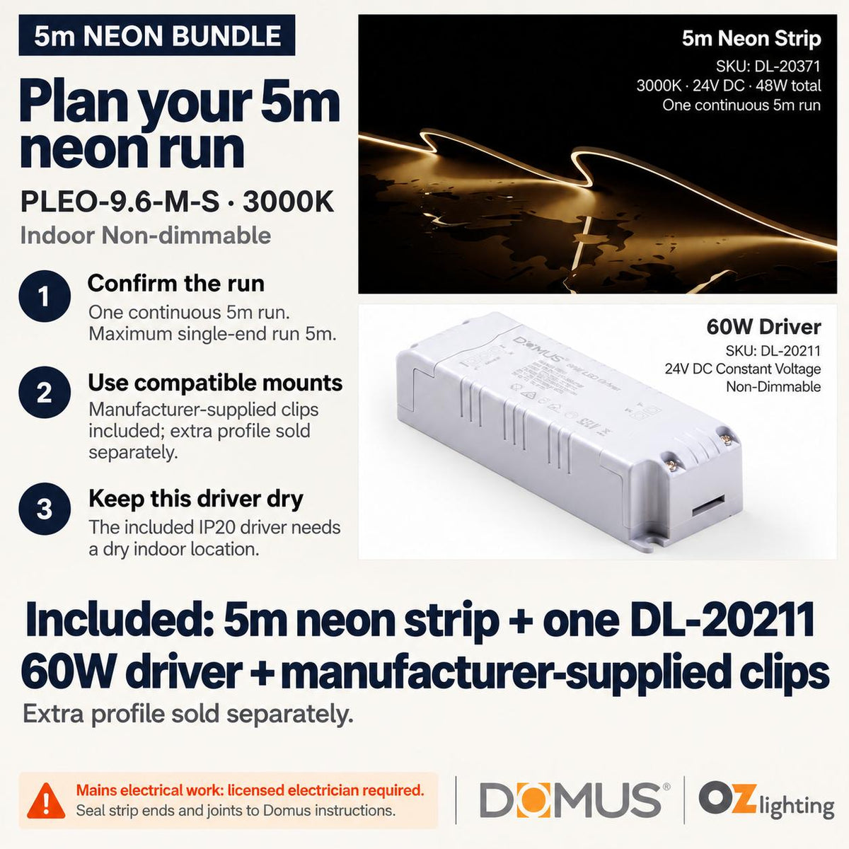 Domus PLEO-9.6-M-S 5m 3000K LED strip and driver bundle — practical advice