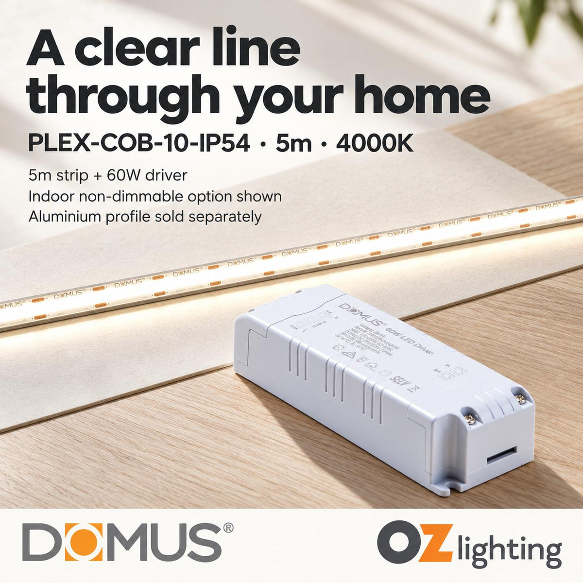 Domus PLEX-COB-10-IP54 5m 4000K LED strip and driver bundle — hero