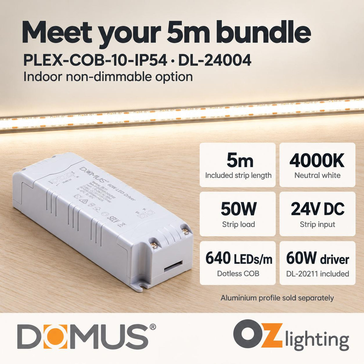 Domus PLEX-COB-10-IP54 5m 4000K LED strip and driver bundle — product details