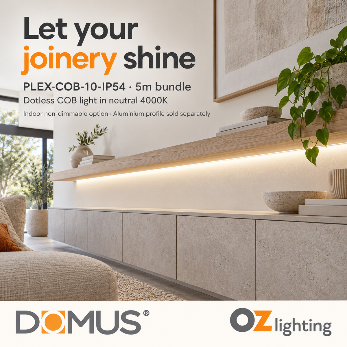 Domus PLEX-COB-10-IP54 5m 4000K LED strip and driver bundle — product benefit