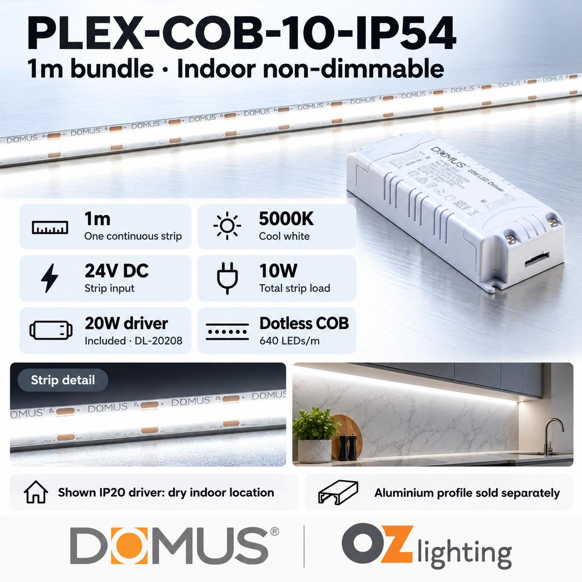 Domus PLEX-COB-10-IP54 1m 5000K LED strip and driver bundle — product details