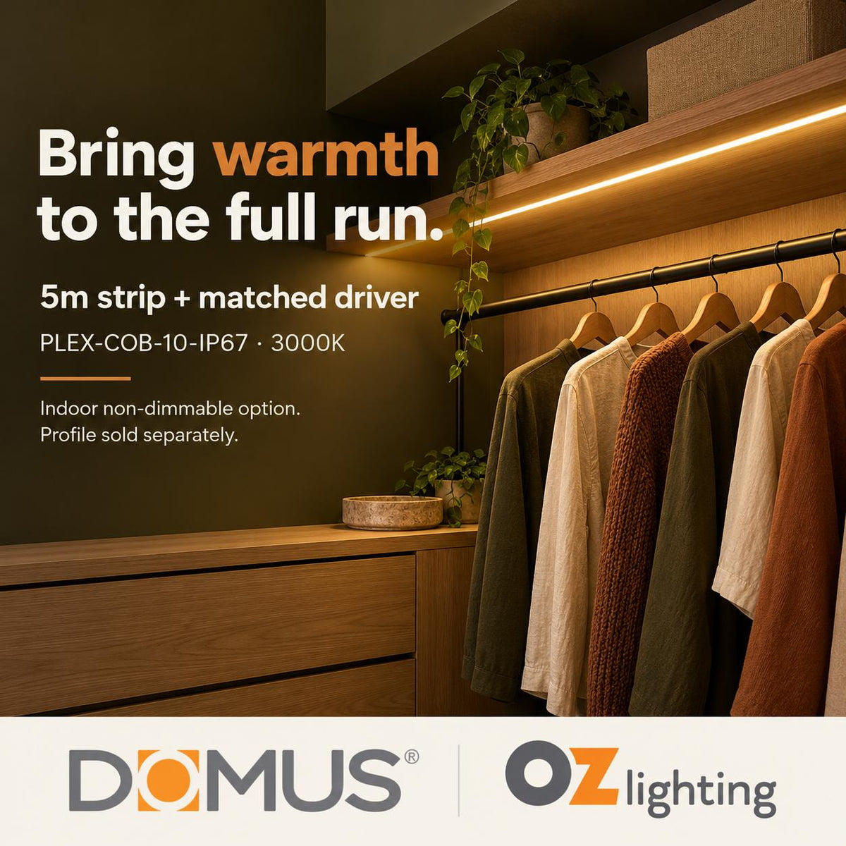 Domus PLEX-COB-10-IP67 5m 3000K LED strip and driver bundle — product benefit