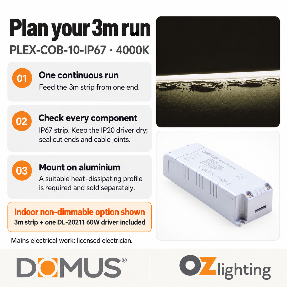 Domus PLEX-COB-10-IP67 3m 4000K LED strip and driver bundle — practical advice