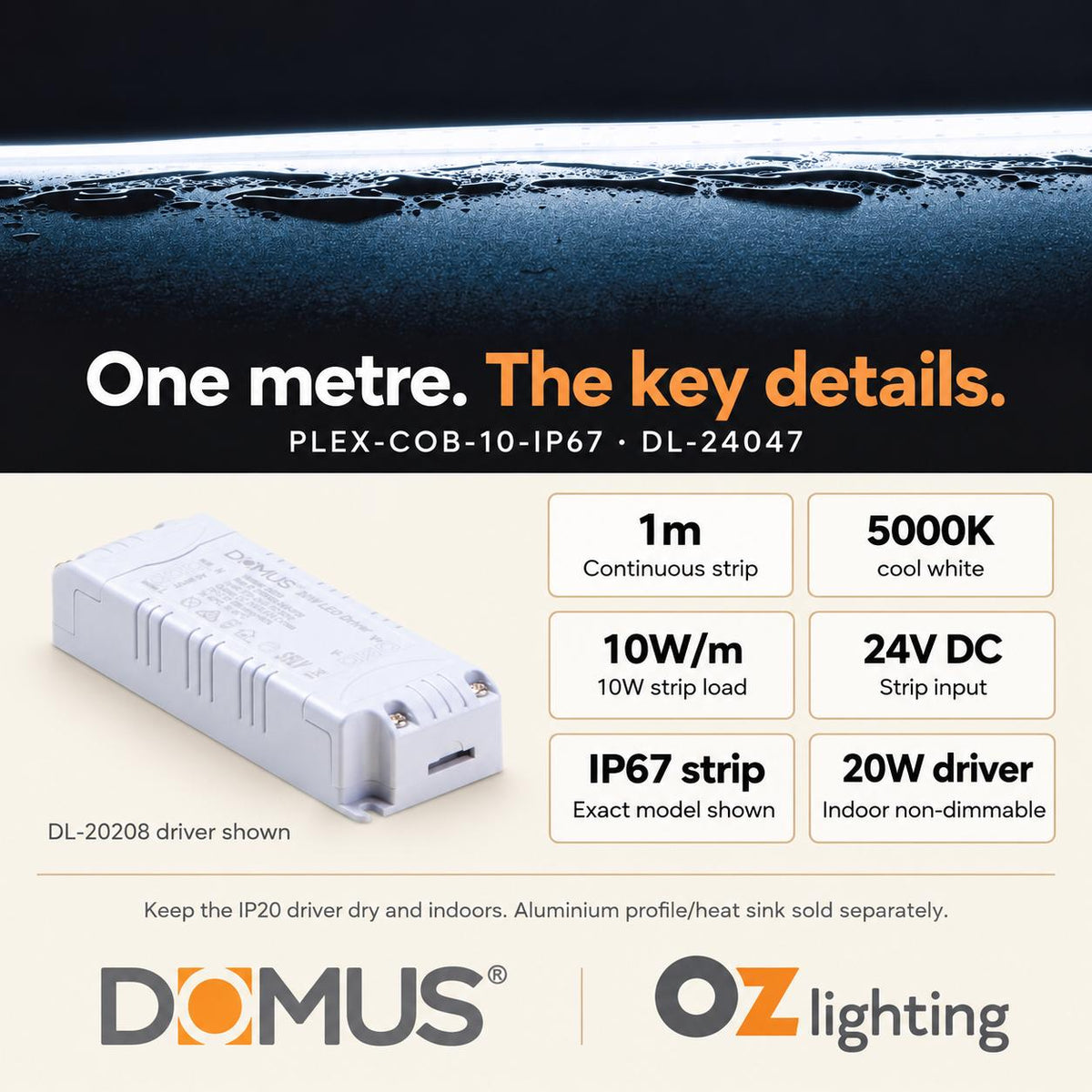 Domus PLEX-COB-10-IP67 1m 5000K LED strip and driver bundle — product details
