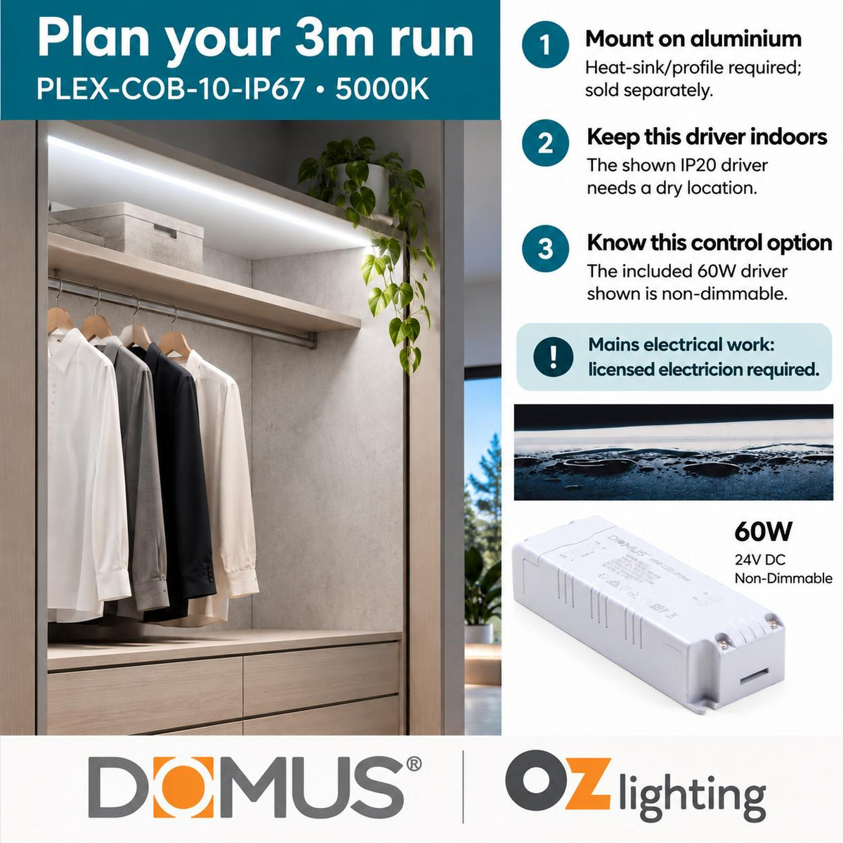 Domus PLEX-COB-10-IP67 3m 5000K LED strip and driver bundle — practical advice