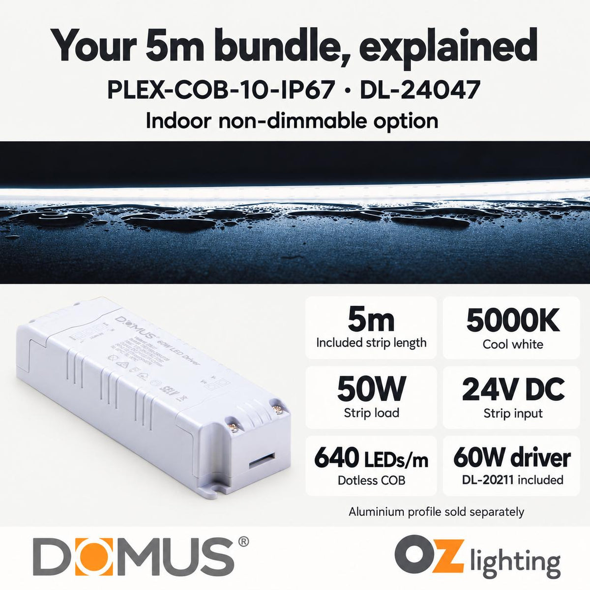 Domus PLEX-COB-10-IP67 5m 5000K LED strip and driver bundle — product details