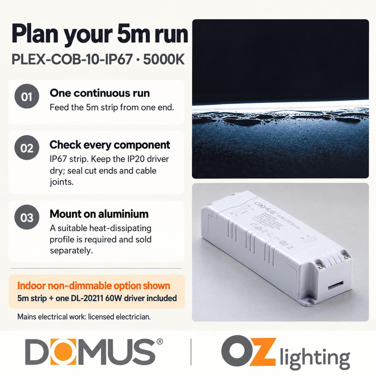 Domus PLEX-COB-10-IP67 5m 5000K LED strip and driver bundle — practical advice