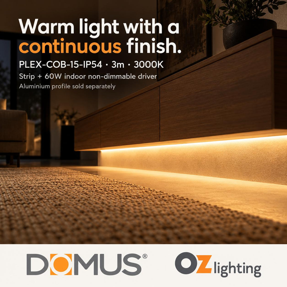 Domus PLEX-COB-15-IP54 3m 3000K LED strip and driver bundle — hero