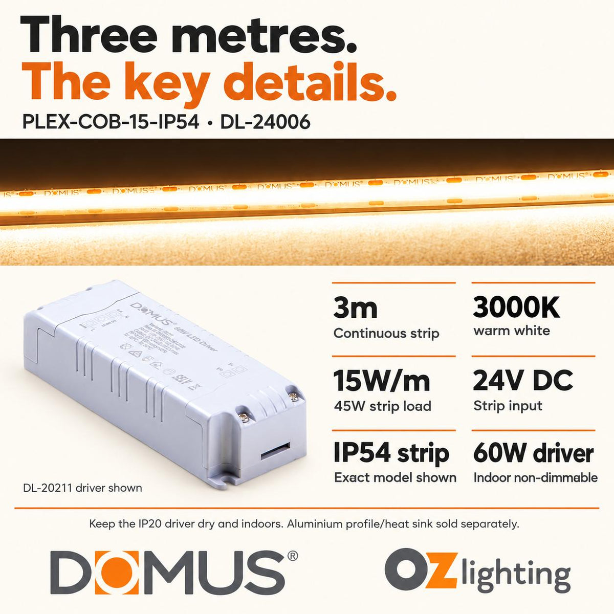Domus PLEX-COB-15-IP54 3m 3000K LED strip and driver bundle — product details