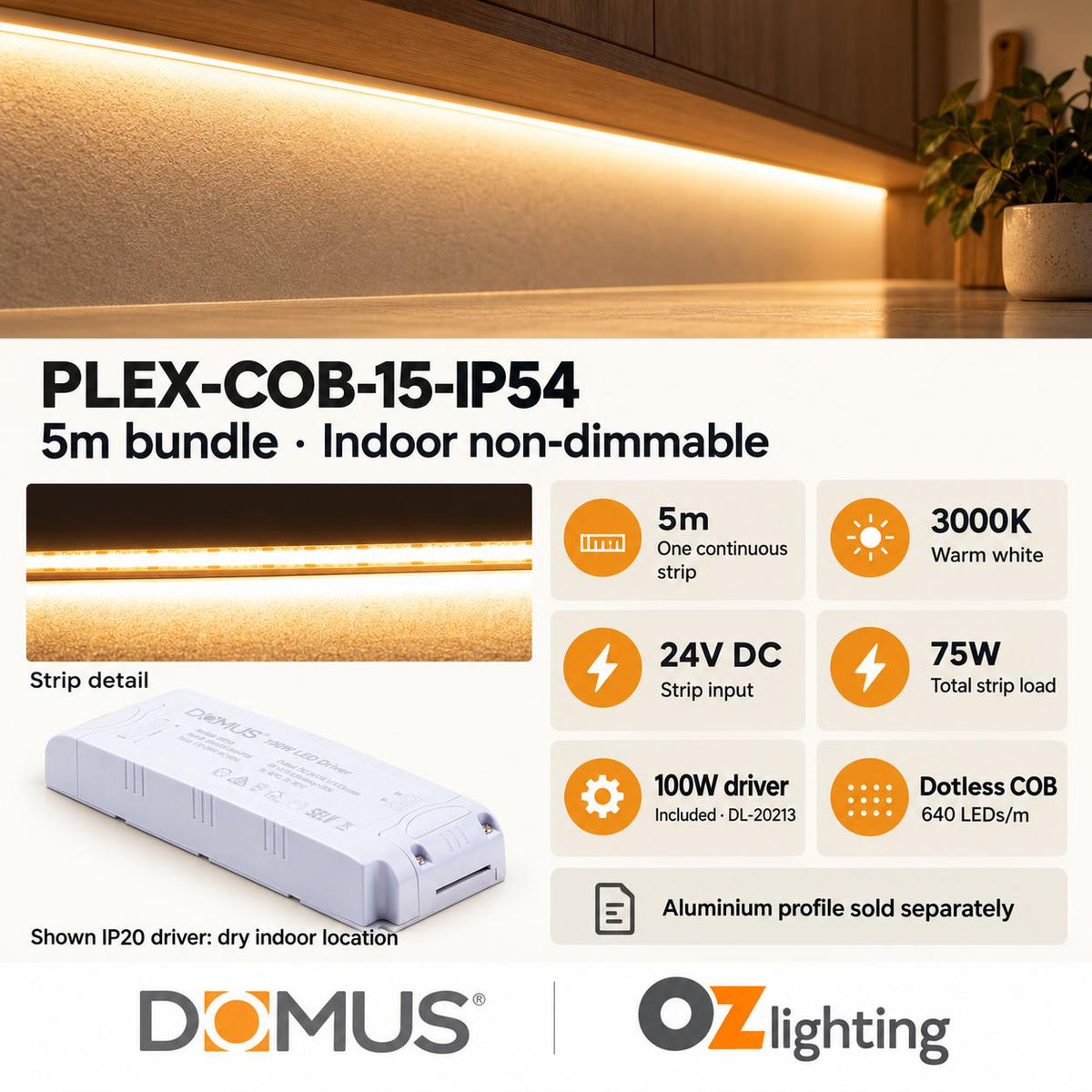 Domus PLEX-COB-15-IP54 5m 3000K LED strip and driver bundle — product details