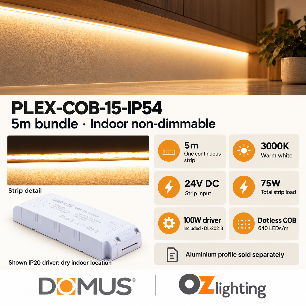 Domus PLEX-COB-15-IP54 5m 3000K LED strip and driver bundle — product details