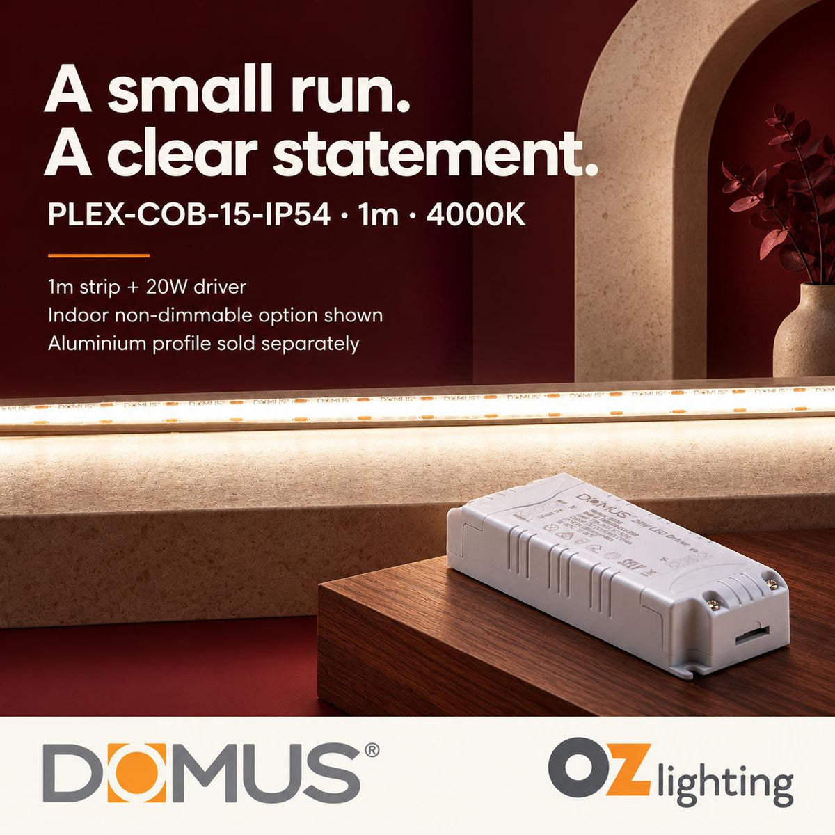 Domus PLEX-COB-15-IP54 1m 4000K LED strip and driver bundle — hero