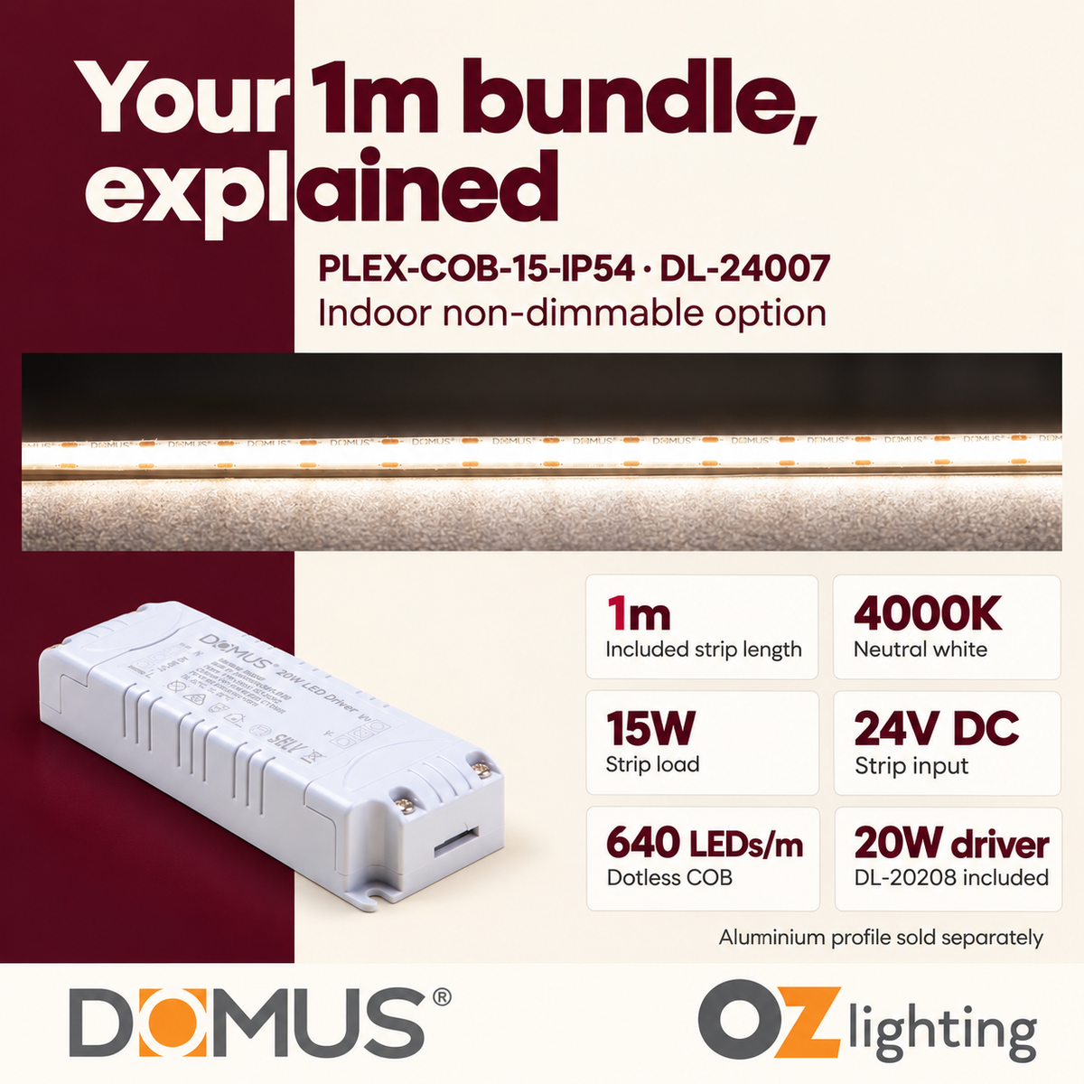 Domus PLEX-COB-15-IP54 1m 4000K LED strip and driver bundle — product details