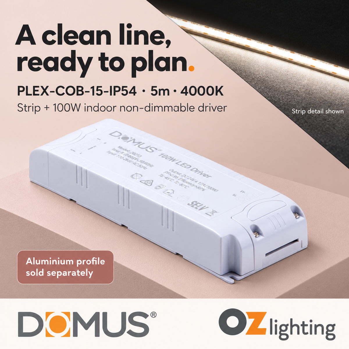 Domus PLEX-COB-15-IP54 5m 4000K LED strip and driver bundle — hero