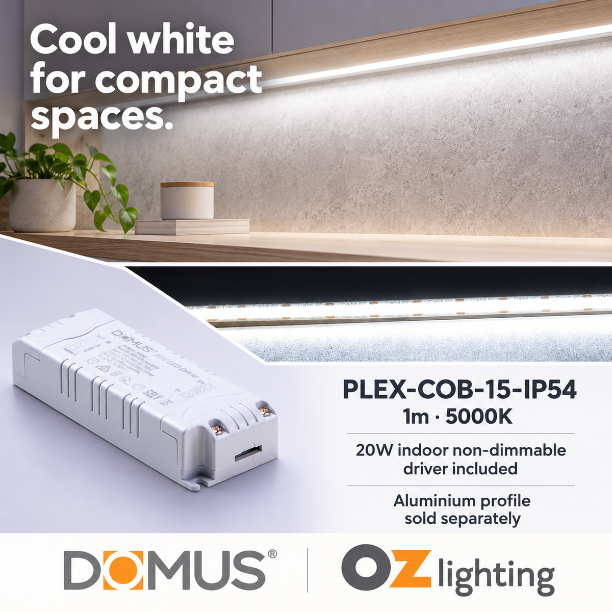 Domus PLEX-COB-15-IP54 1m 5000K LED strip and driver bundle — hero