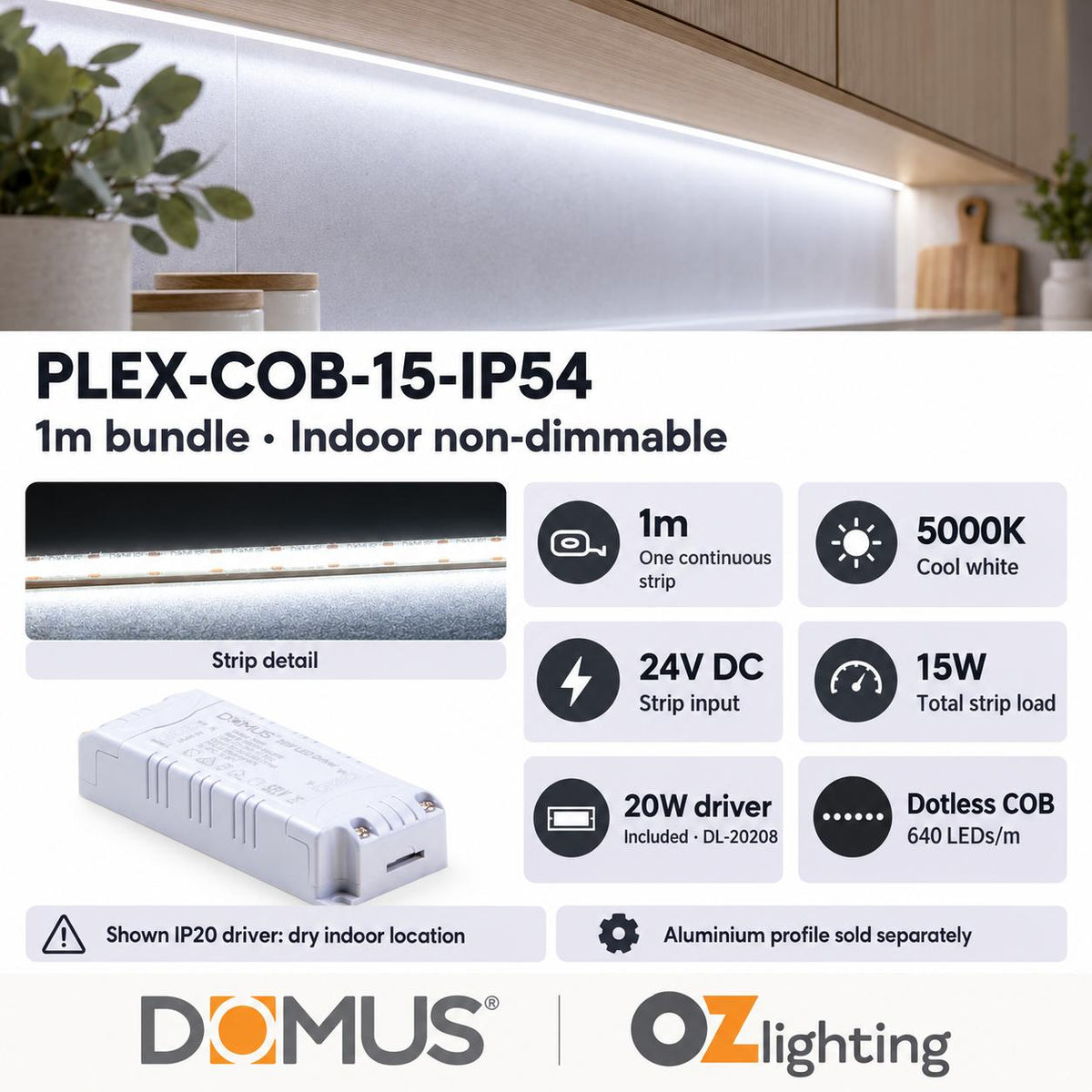Domus PLEX-COB-15-IP54 1m 5000K LED strip and driver bundle — product details