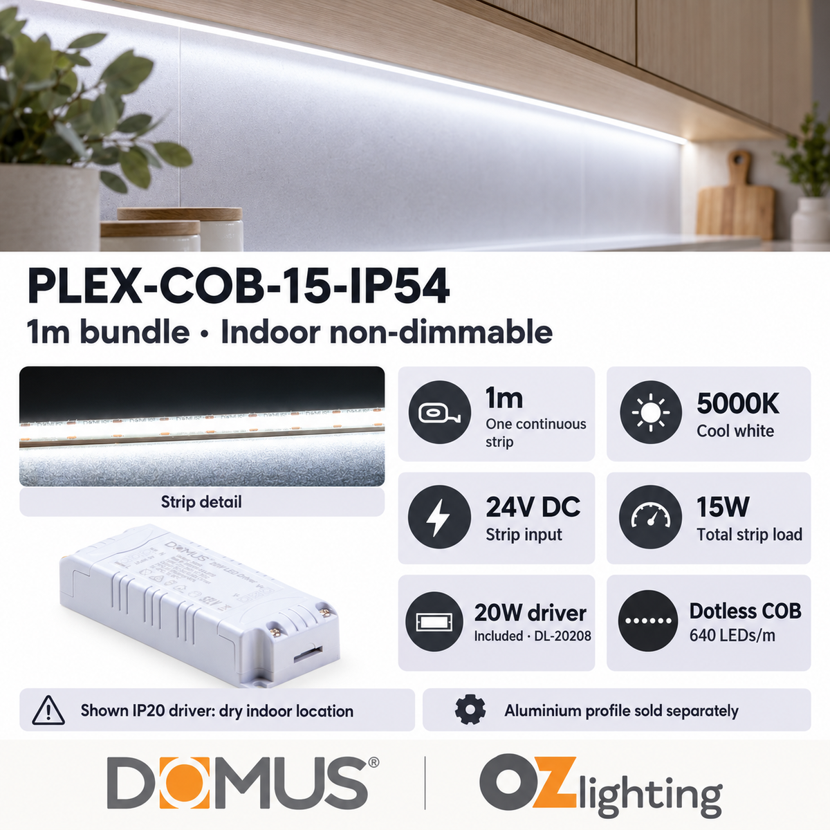 Domus PLEX-COB-15-IP54 1m 5000K LED strip and driver bundle — product details