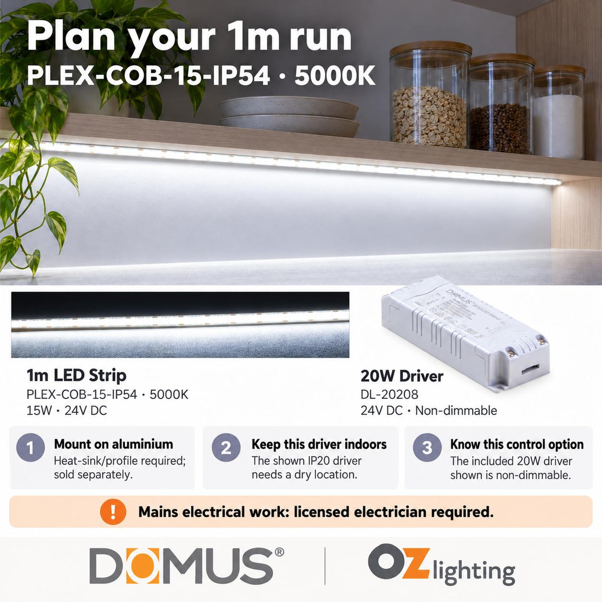 Domus PLEX-COB-15-IP54 1m 5000K LED strip and driver bundle — practical advice