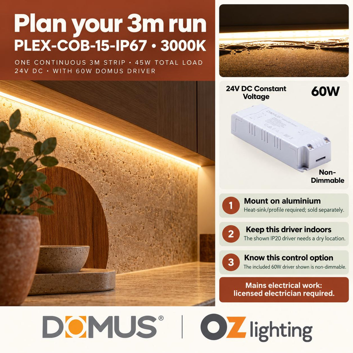 Domus PLEX-COB-15-IP67 3m 3000K LED strip and driver bundle — practical advice