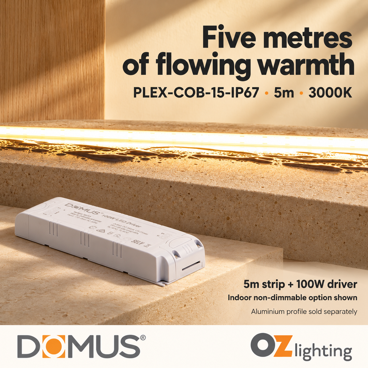 Domus PLEX-COB-15-IP67 5m 3000K LED strip and driver bundle — hero