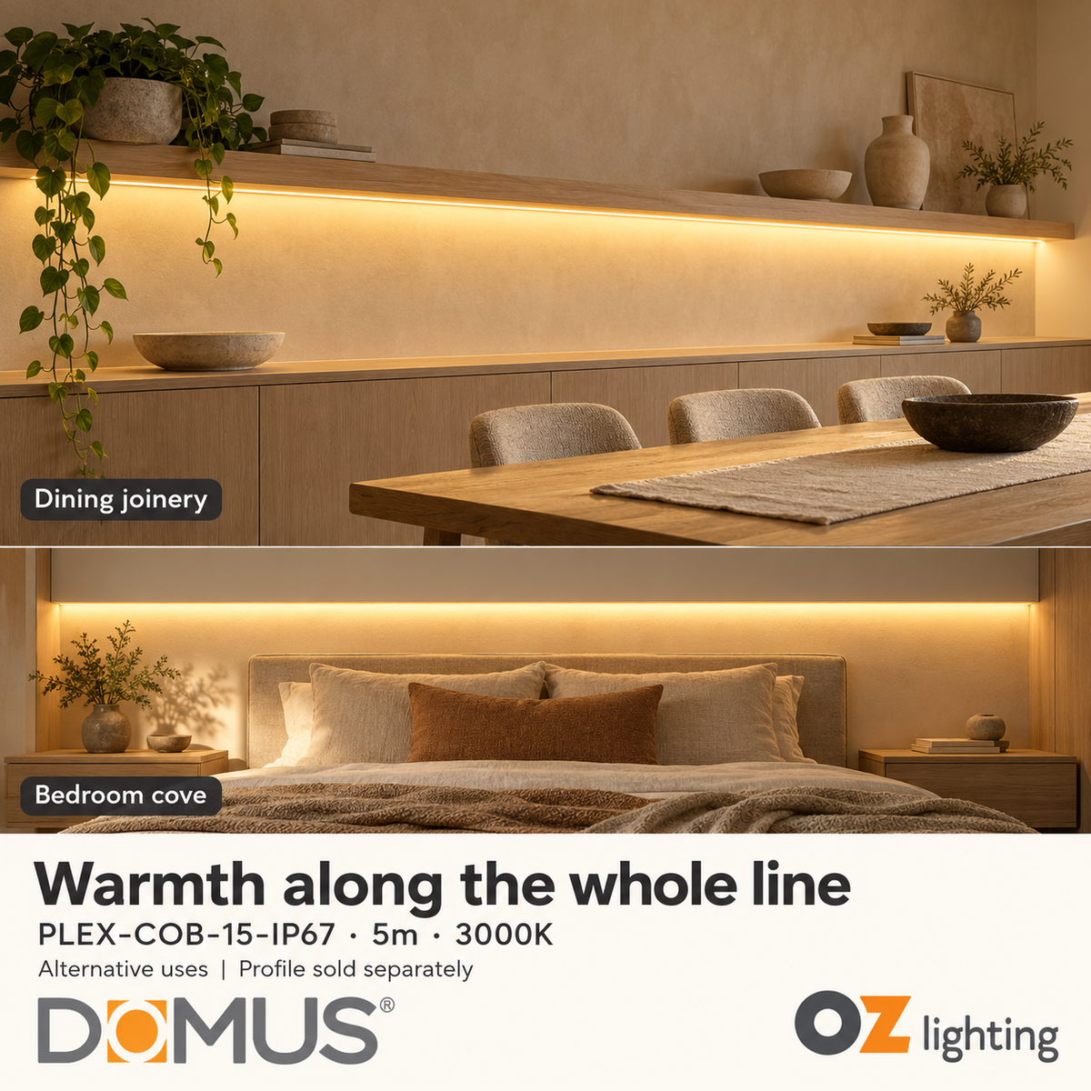 Domus PLEX-COB-15-IP67 5m 3000K LED strip and driver bundle — marketing
