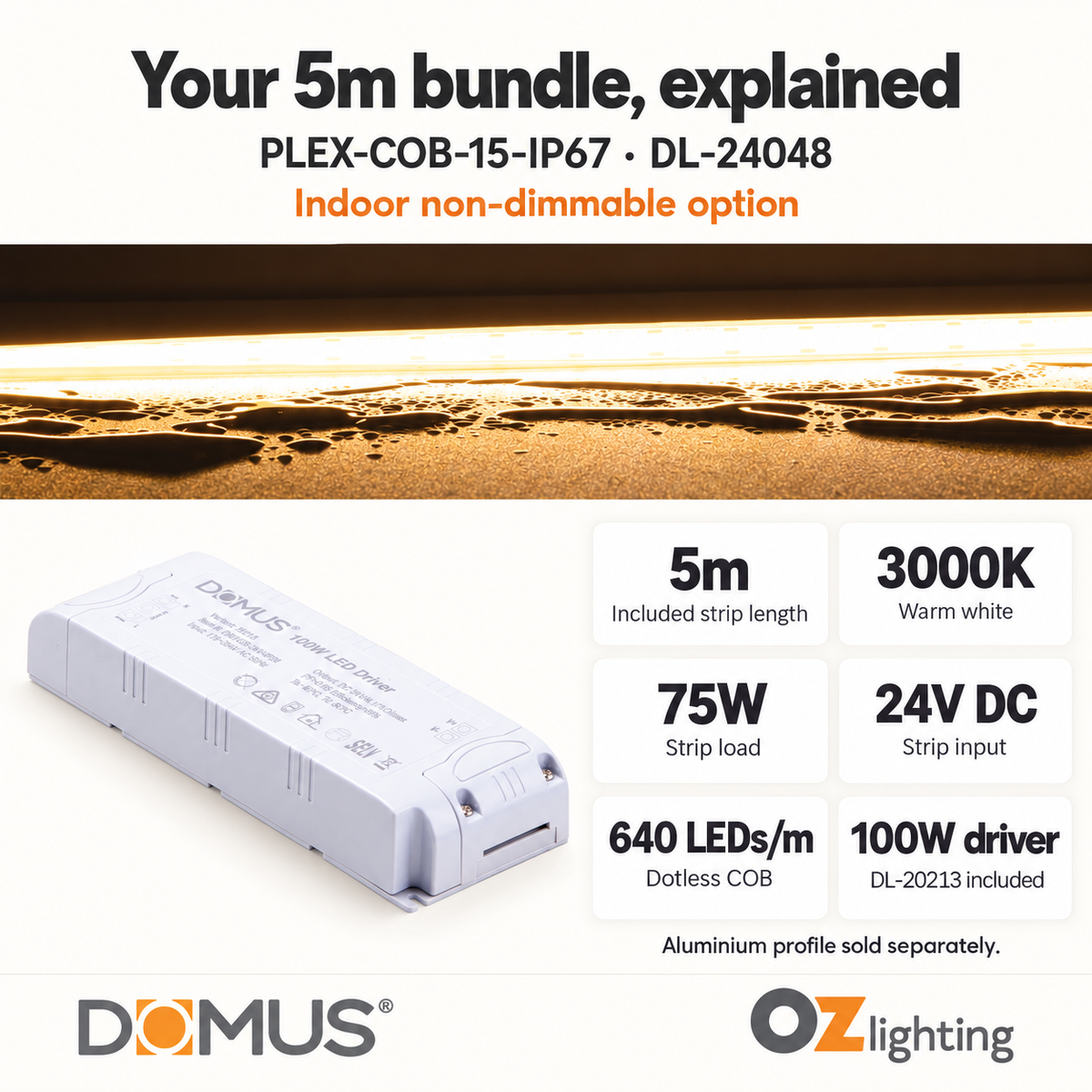 Domus PLEX-COB-15-IP67 5m 3000K LED strip and driver bundle — product details