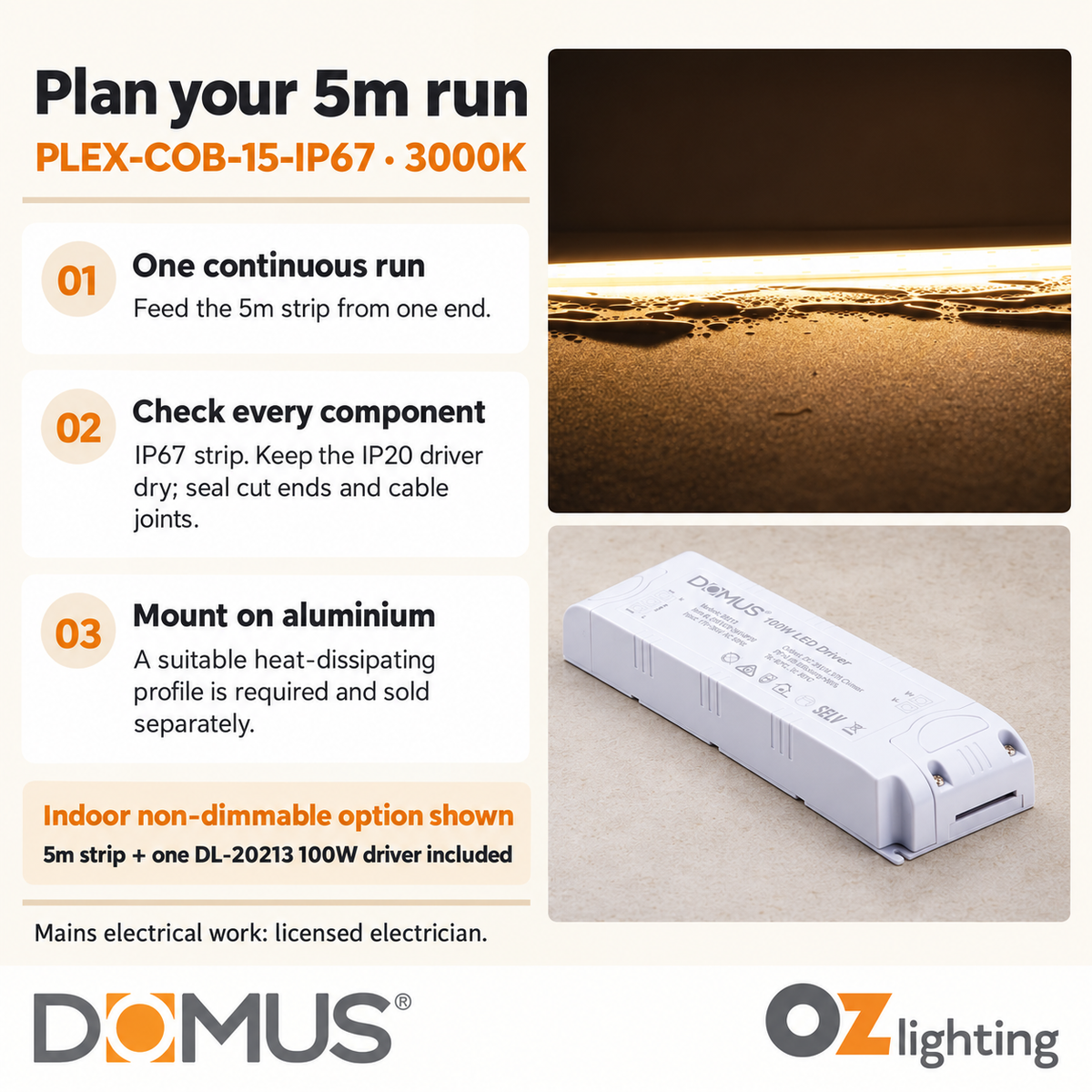 Domus PLEX-COB-15-IP67 5m 3000K LED strip and driver bundle — practical advice