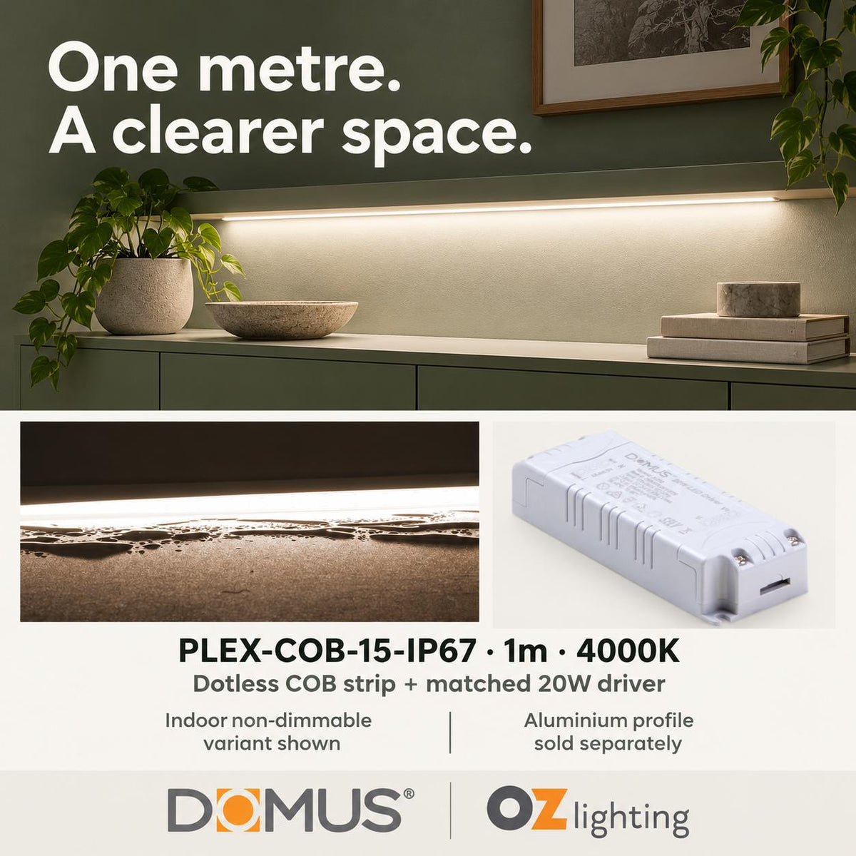 Domus PLEX-COB-15-IP67 1m 4000K LED strip and driver bundle — product benefit