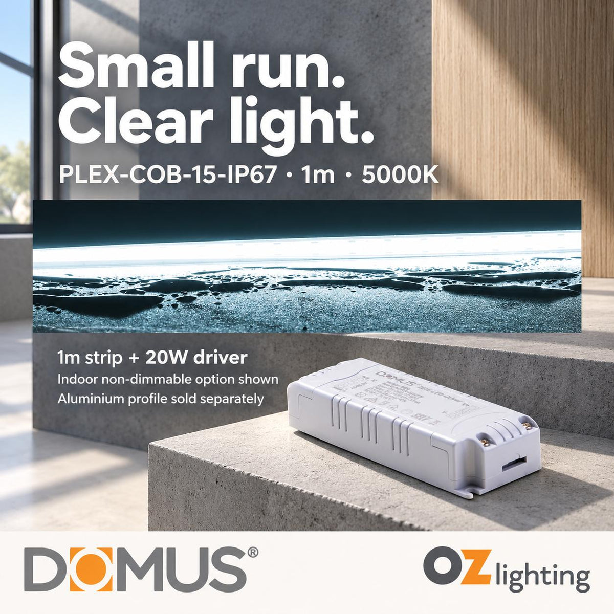 Domus PLEX-COB-15-IP67 1m 5000K LED strip and driver bundle — hero