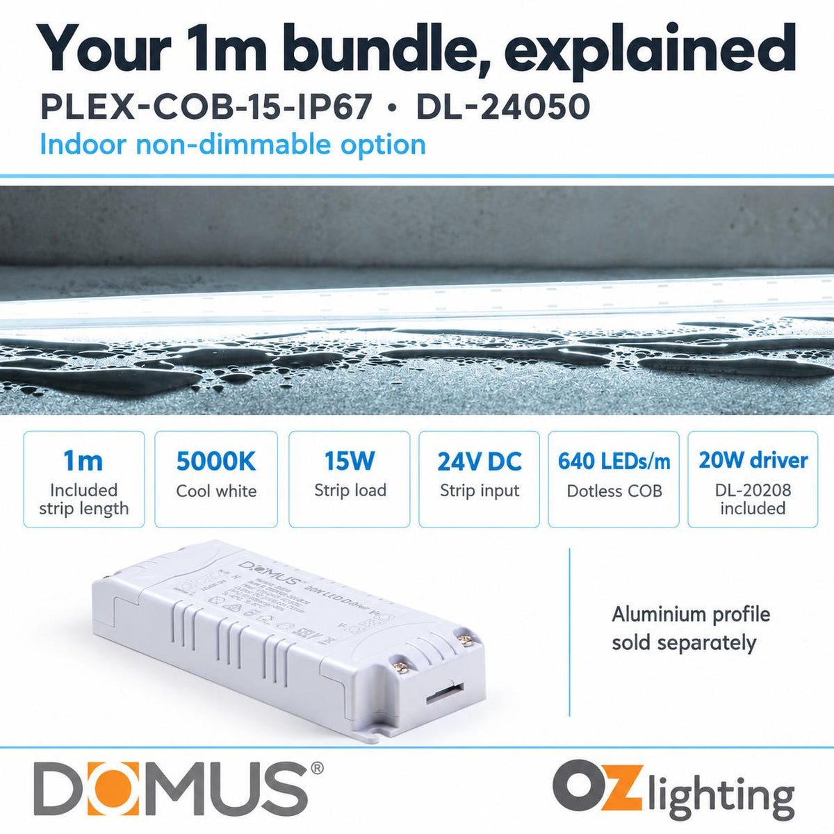 Domus PLEX-COB-15-IP67 1m 5000K LED strip and driver bundle — product details