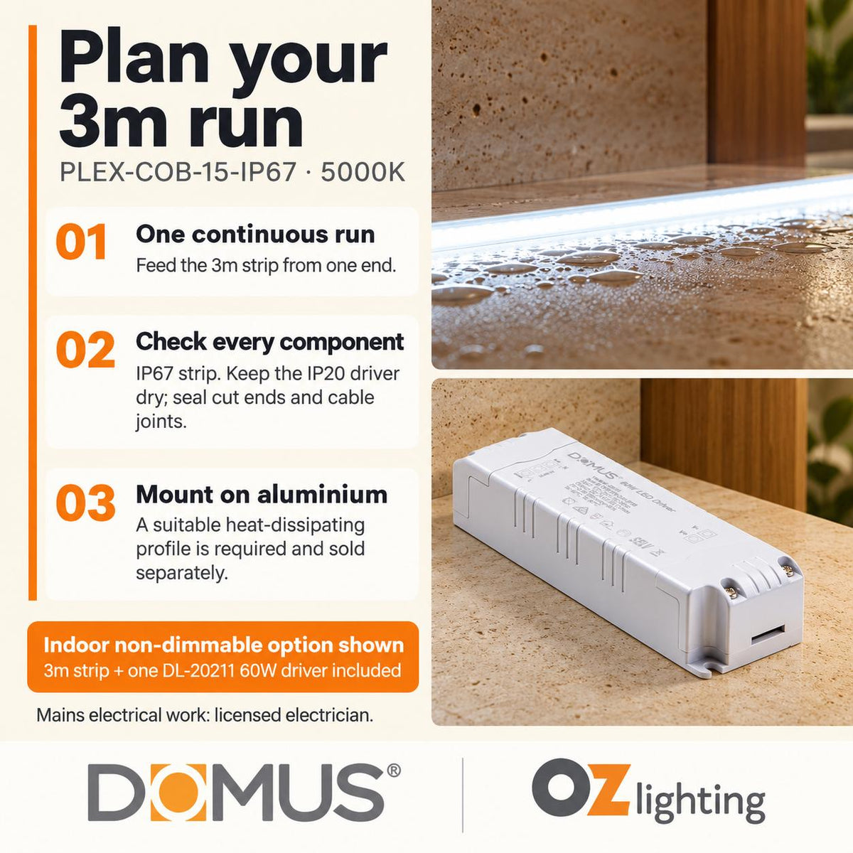 Domus PLEX-COB-15-IP67 3m 5000K LED strip and driver bundle — practical advice