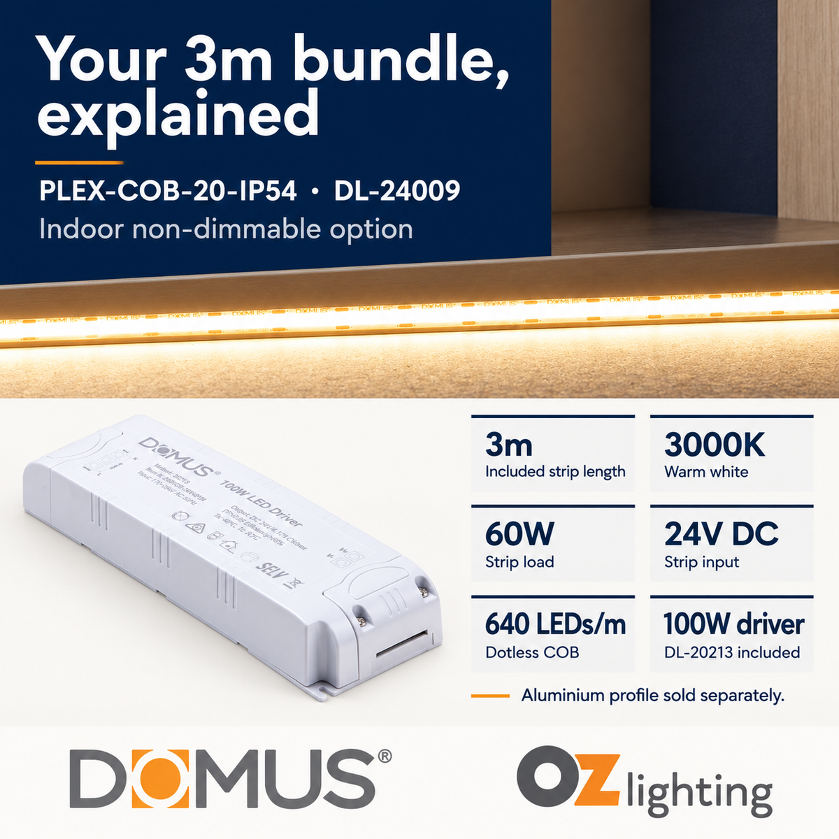 Domus PLEX-COB-20-IP54 3m 3000K LED strip and driver bundle — product details