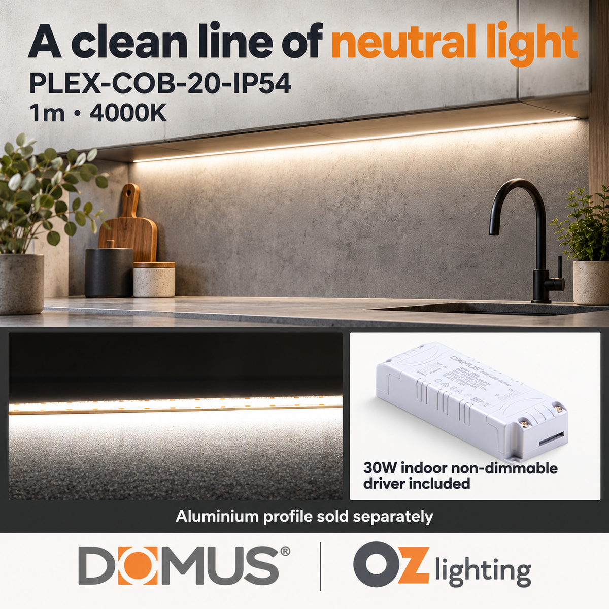 Domus PLEX-COB-20-IP54 1m 4000K LED strip and driver bundle — hero