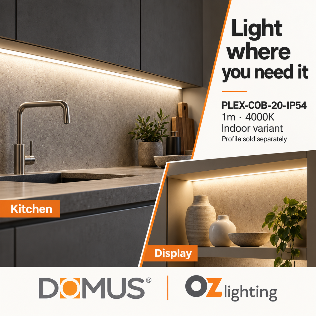 Domus PLEX-COB-20-IP54 1m 4000K LED strip and driver bundle — marketing