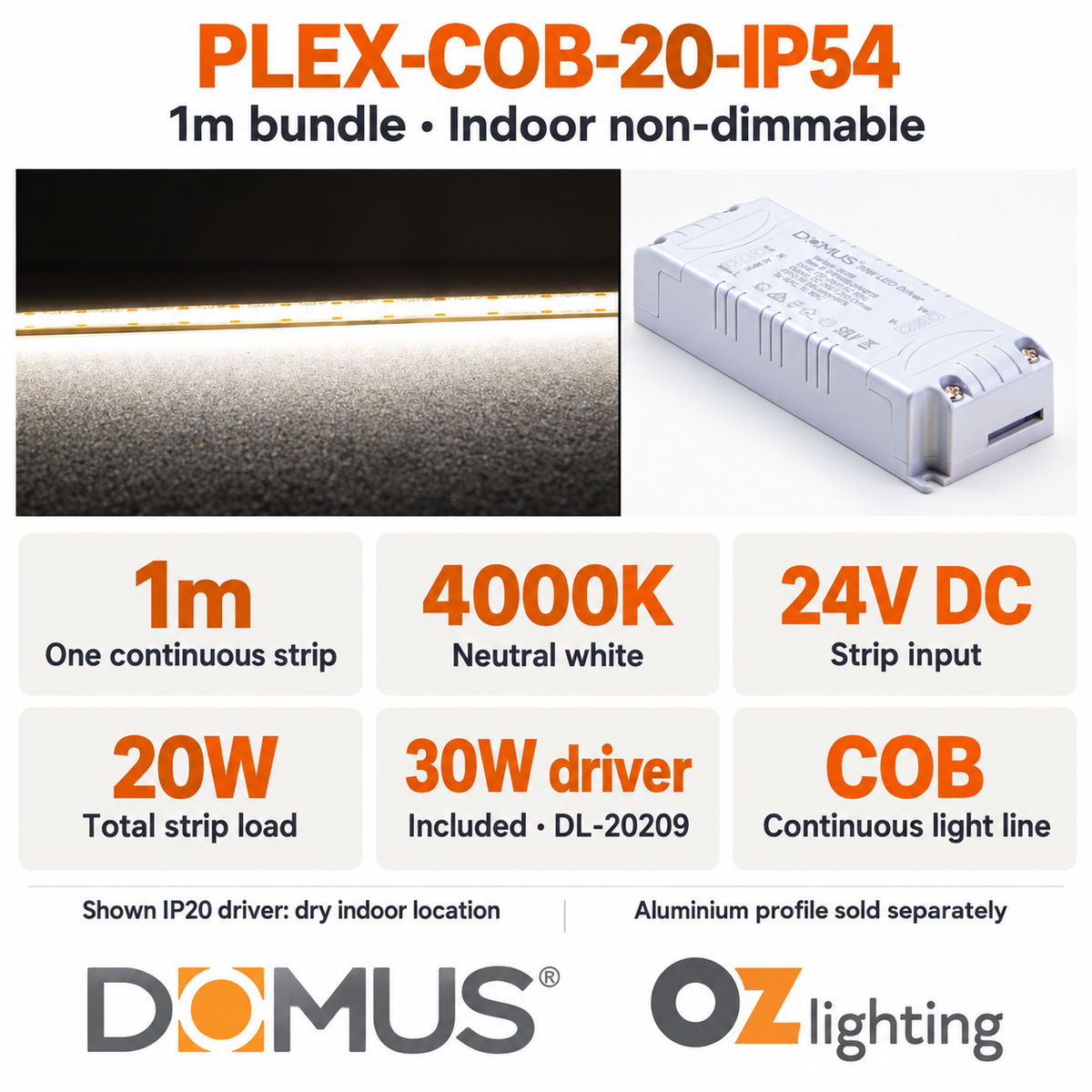 Domus PLEX-COB-20-IP54 1m 4000K LED strip and driver bundle — product details