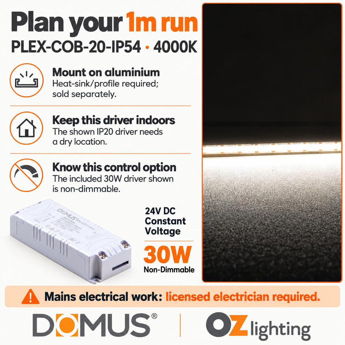 Domus PLEX-COB-20-IP54 1m 4000K LED strip and driver bundle — practical advice