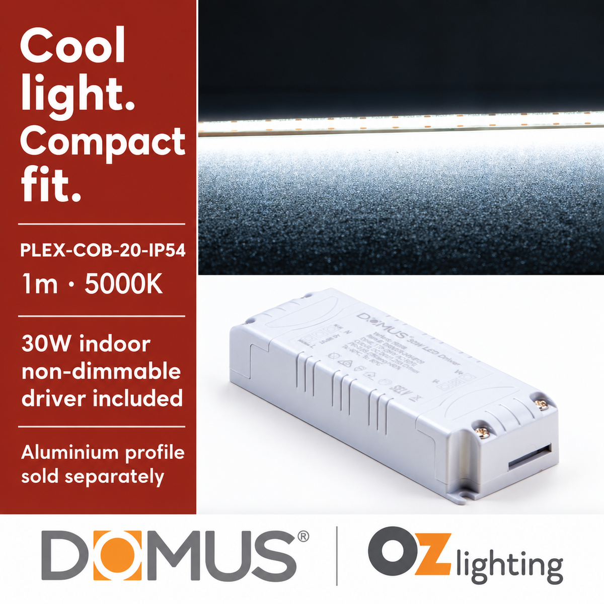 Domus PLEX-COB-20-IP54 1m 5000K LED strip and driver bundle — hero