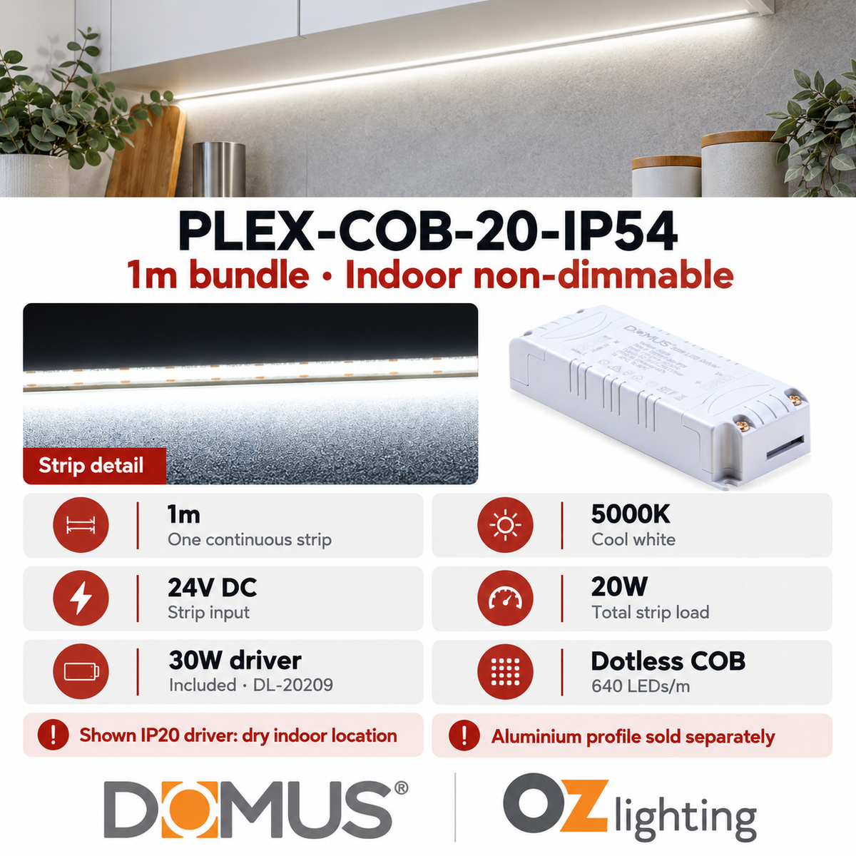 Domus PLEX-COB-20-IP54 1m 5000K LED strip and driver bundle — product details