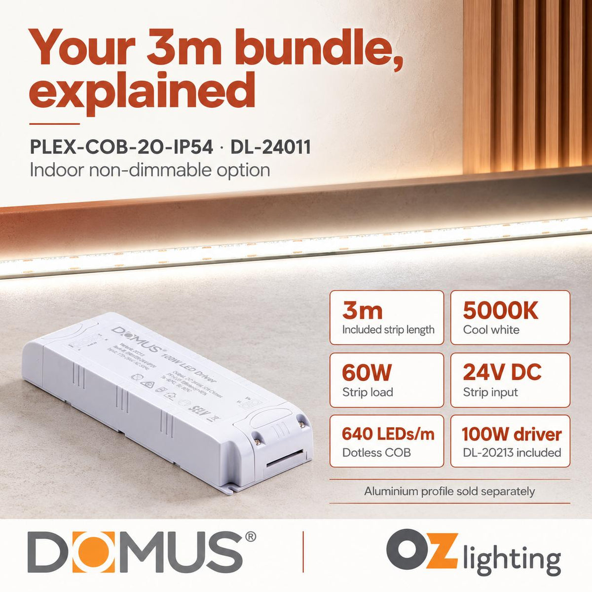 Domus PLEX-COB-20-IP54 3m 5000K LED strip and driver bundle — product details