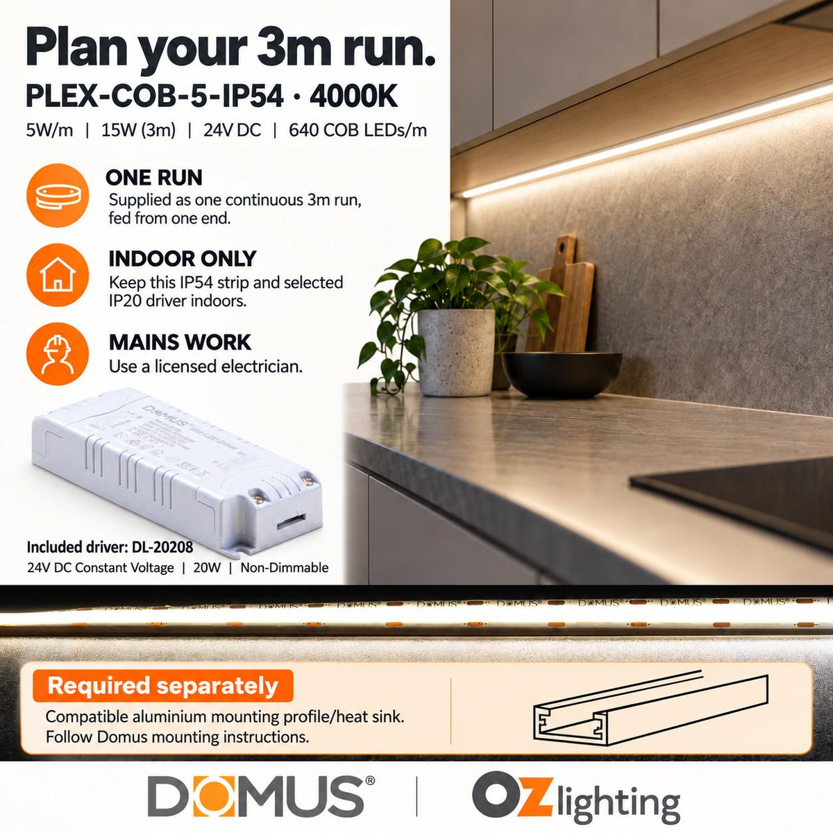 Domus PLEX-COB-5-IP54 3m 4000K LED strip and driver bundle — practical advice