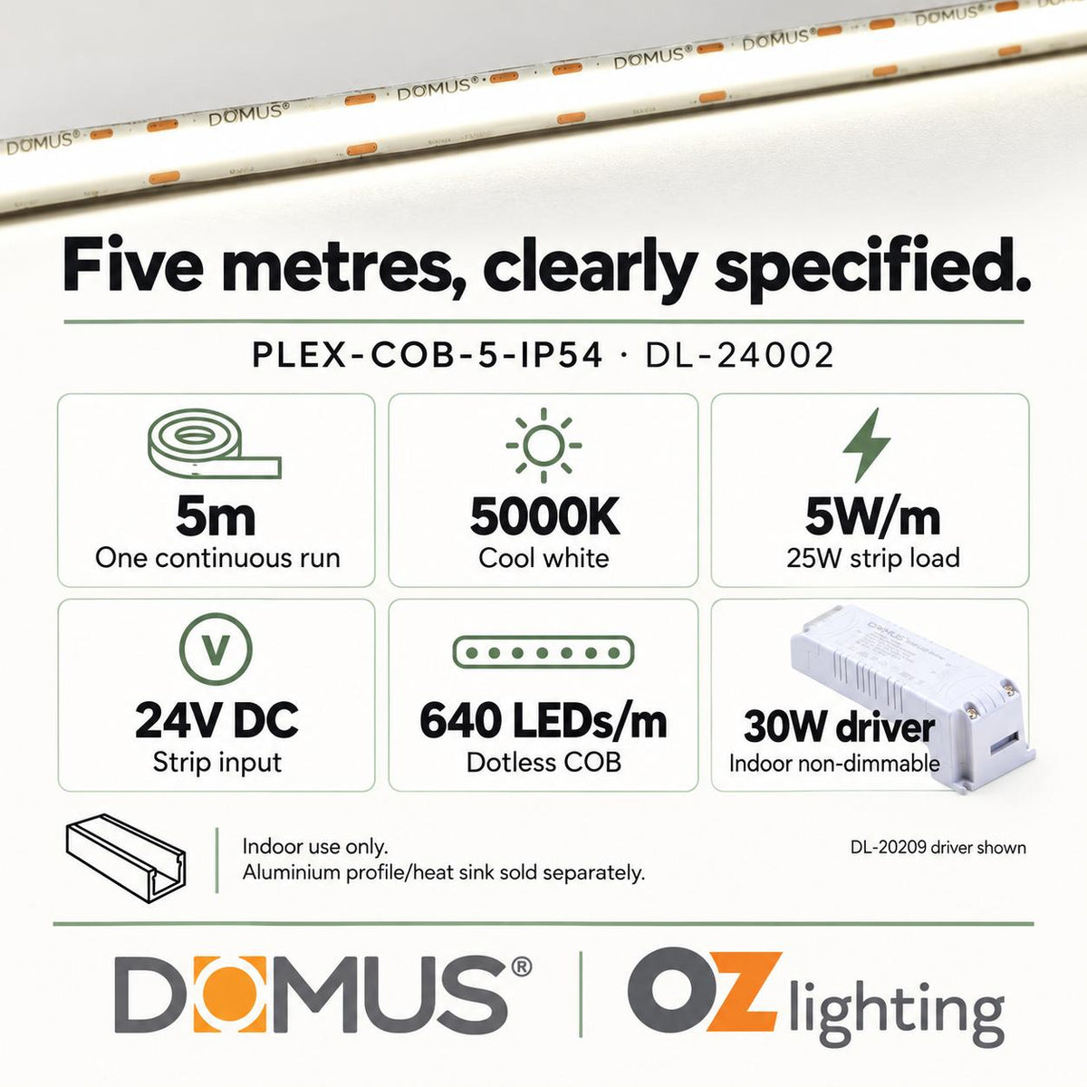 Domus PLEX-COB-5-IP54 5m 5000K LED strip and driver bundle — product details