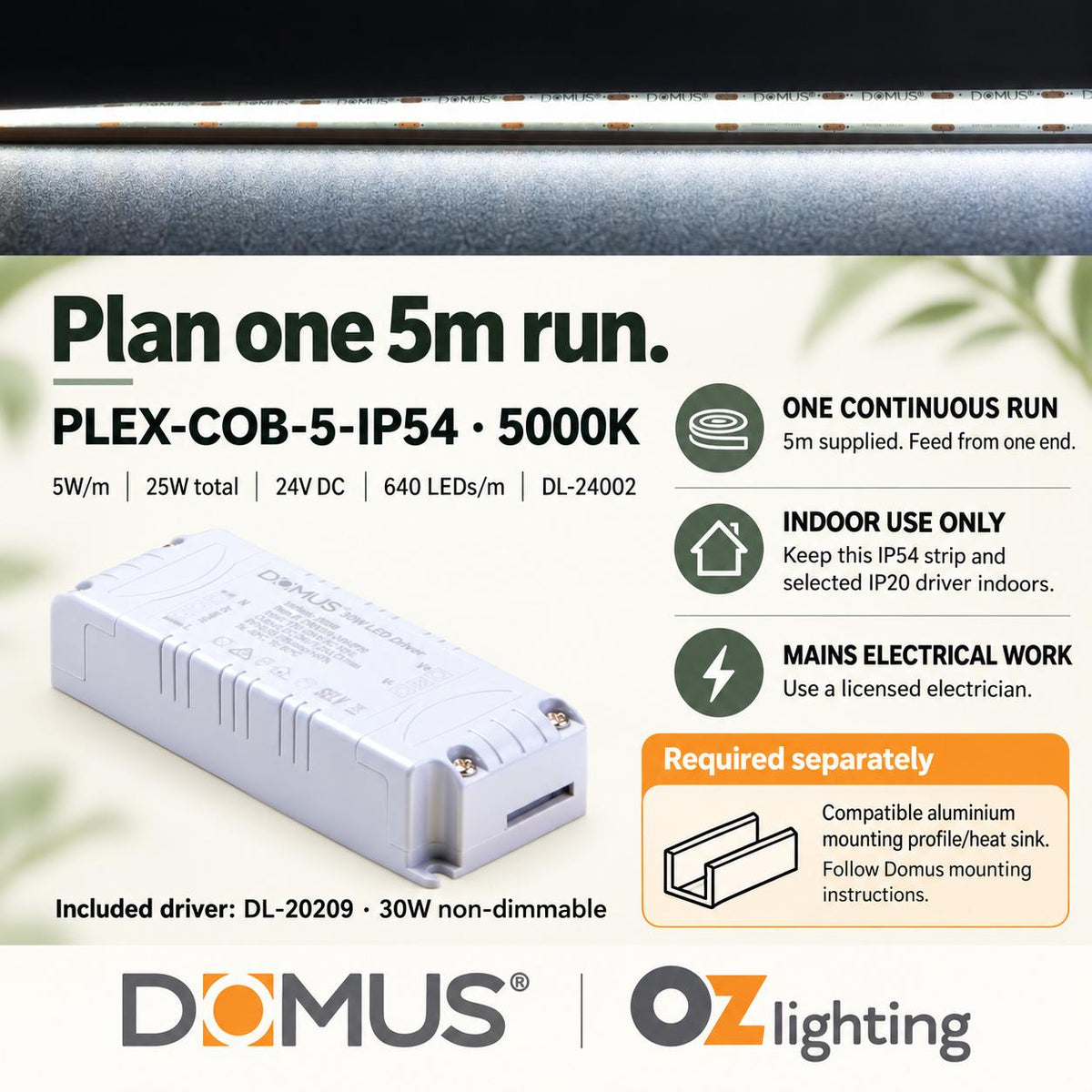 Domus PLEX-COB-5-IP54 5m 5000K LED strip and driver bundle — practical advice