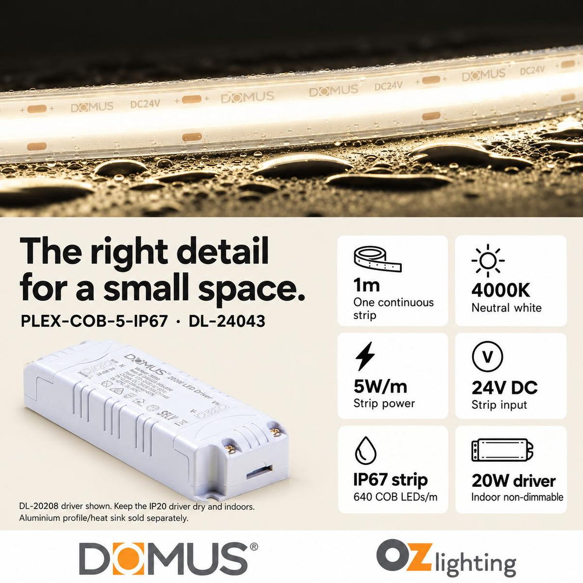 Domus PLEX-COB-5-IP67 1m 4000K LED strip and driver bundle — product details