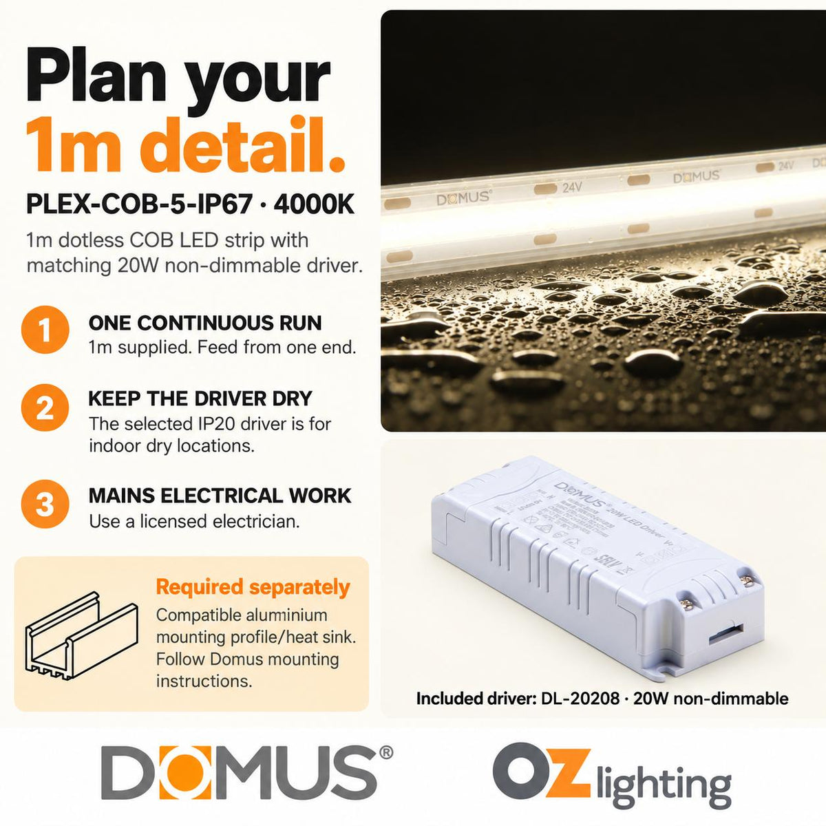 Domus PLEX-COB-5-IP67 1m 4000K LED strip and driver bundle — practical advice