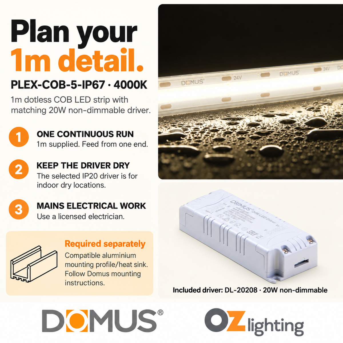 Domus PLEX-COB-5-IP67 1m 4000K LED strip and driver bundle — practical advice