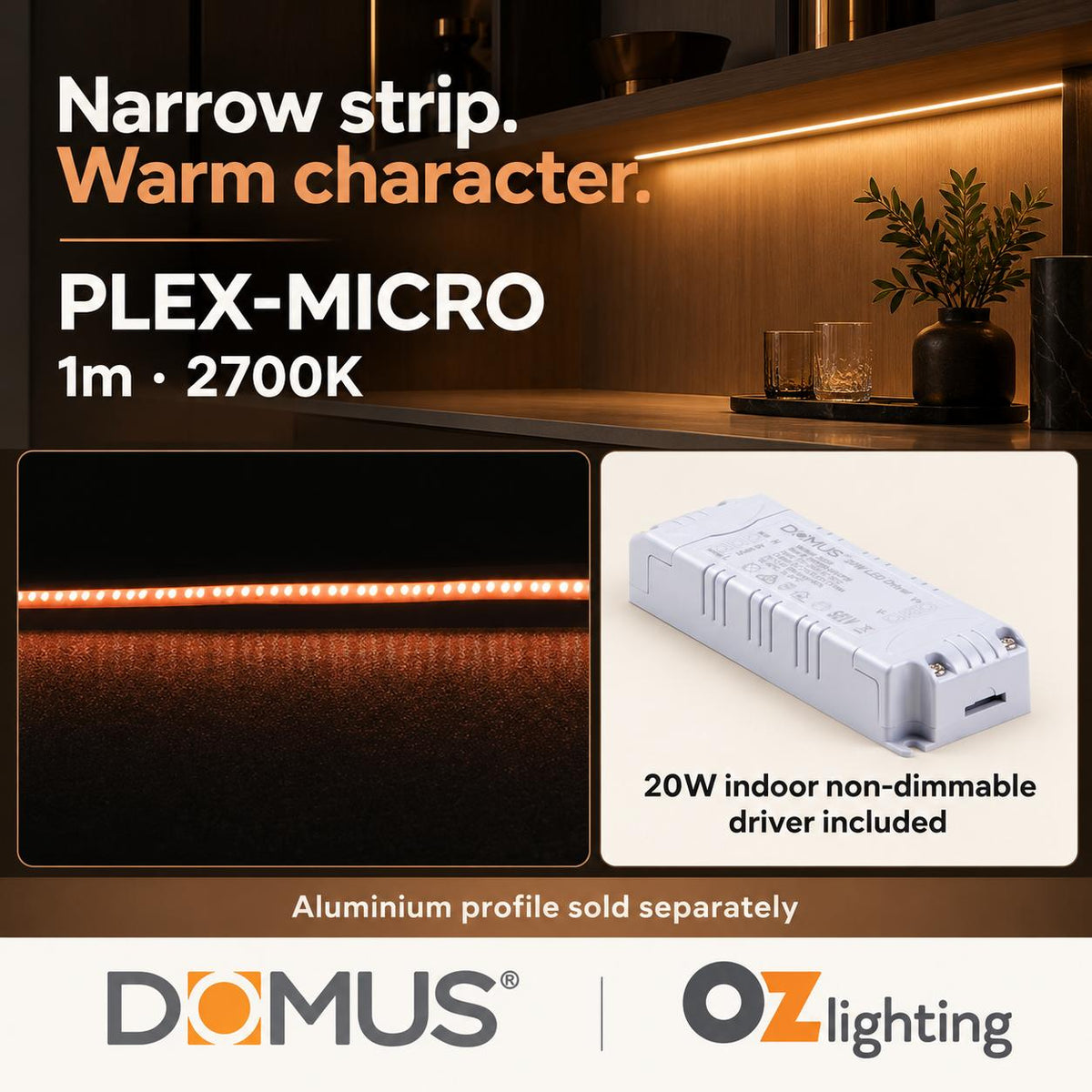 Domus PLEX-MICRO 1m 2700K LED strip and driver bundle — hero