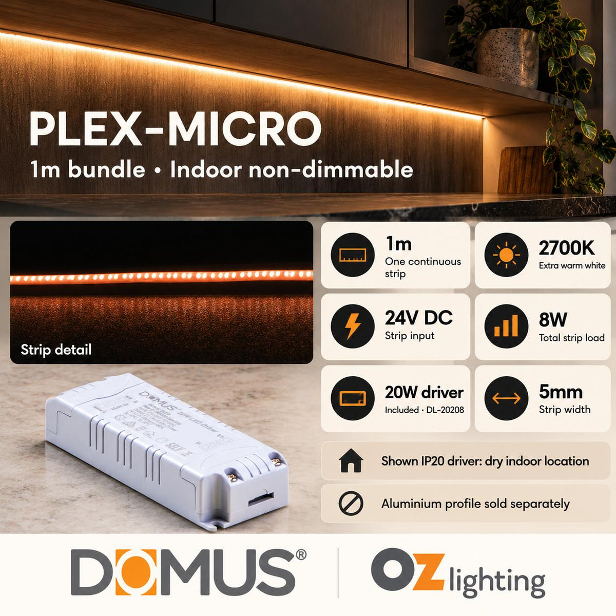 Domus PLEX-MICRO 1m 2700K LED strip and driver bundle — product details